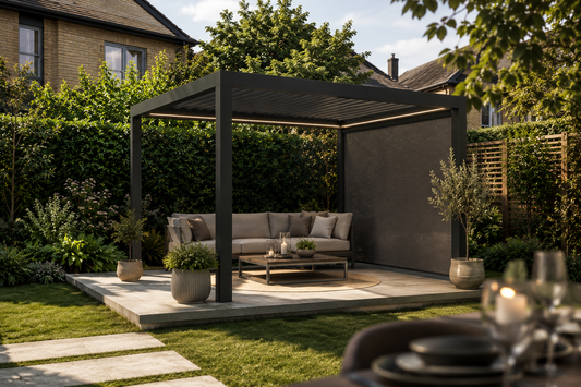 A modern outdoor aluminium pergola with a dark anthracite frame and integrated LED lighting, featuring a grey fabric wall.