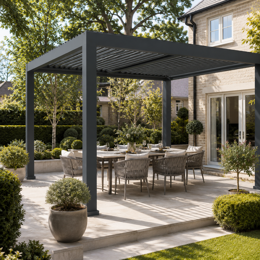 A modern dark grey outdoor patio pergola with a dining table and woven chairs, set in a beautifully landscaped backyard with a stone house and greenery.