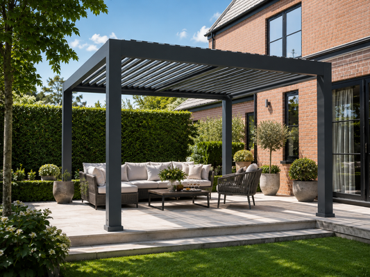 A modern anthracite colour outdoor pergola over a paved patio with a sectional sofa, armchair, and coffee table, set in a landscaped backyard with a brick house, green hedges, and lawn.