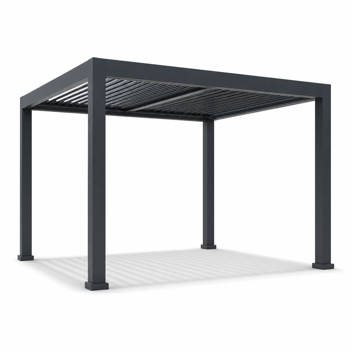 A modern rectangular patio pergola with a dark gray metal frame and slatted roof, shown on a clean white background with a soft shadow underneath.