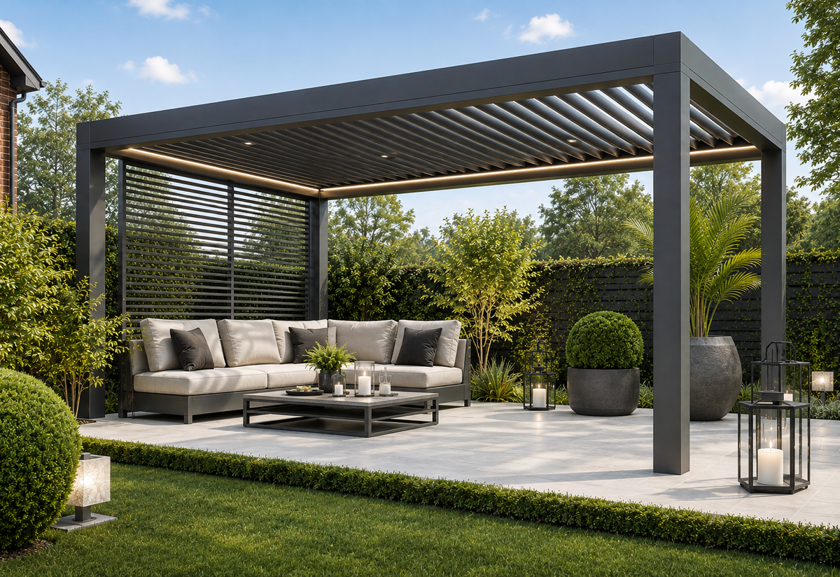 A modern outdoor aluminium pergola with a dark grey slatted roof and LEDs in a landscaped garden.
