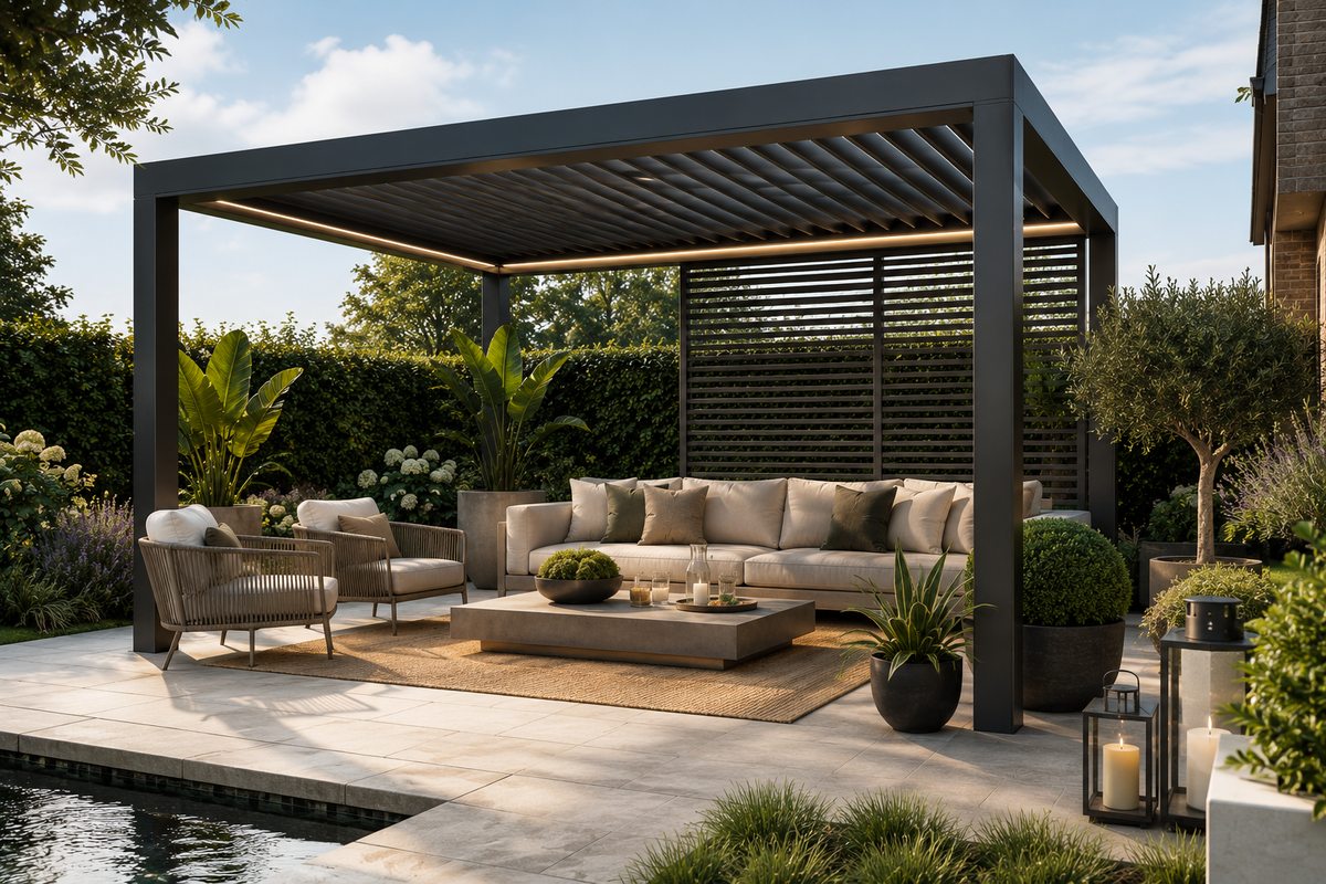 Modern outdoor aluminium pergola with LEDs, set in a landscaped garden next to a pool.