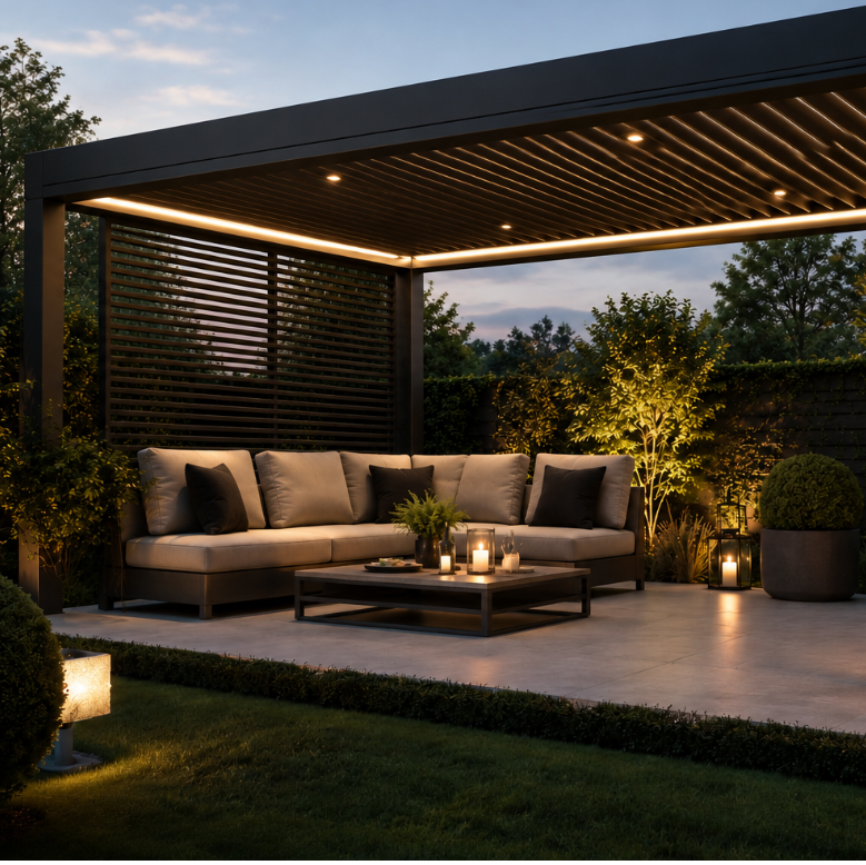 Modern outdoor aluminium pergola with integrated lighting, and warm garden lamps at dusk.