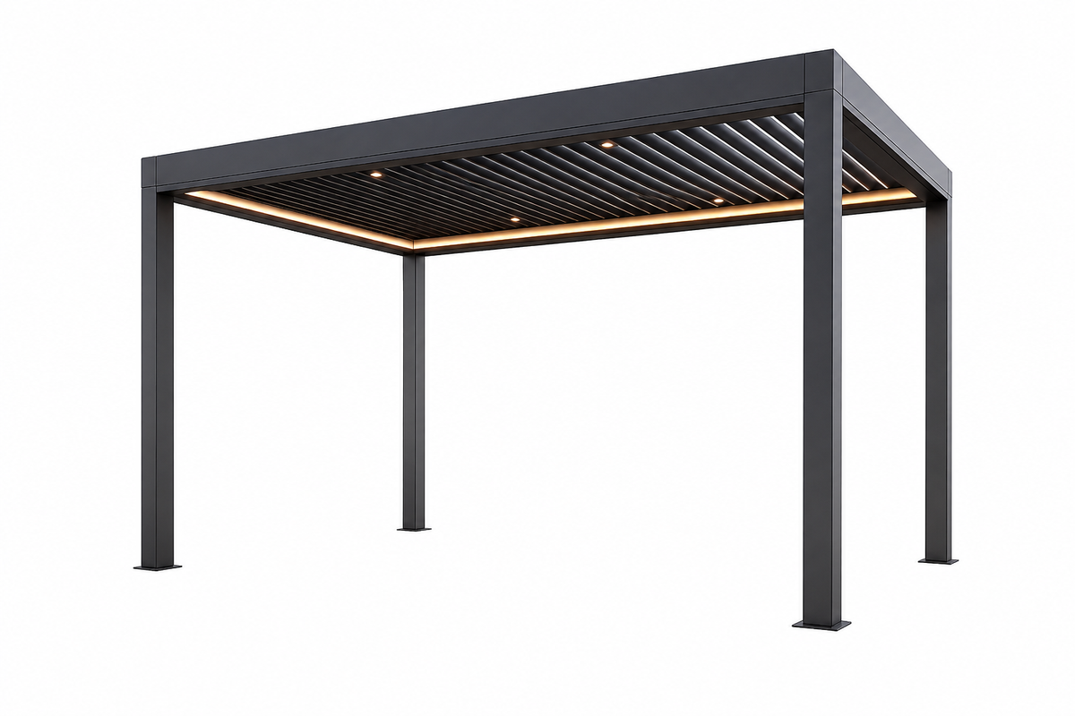 A modern rectangular aluminium pergola with a dark grey metal frame and integrated warm white LED strip lighting under the slatted roof.