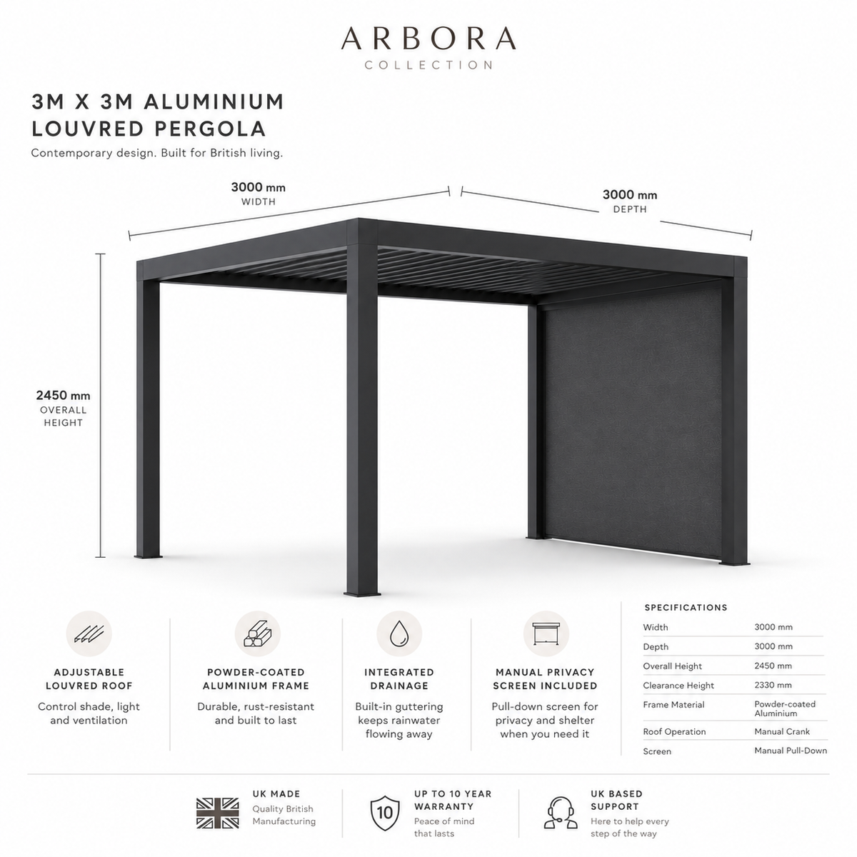 3 x 3m Aluminium Louvered Pergola with Integrated LED Lighting